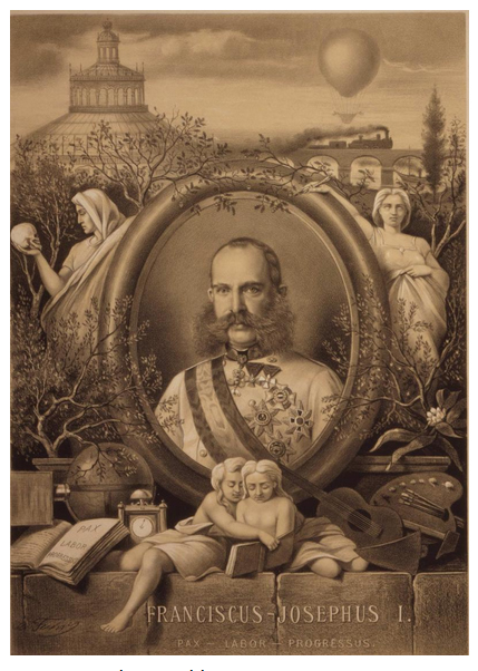 Franciscus-Josephus I. Pax, labor, progressus. Litografía realizada para la Feria Mundial de Viena, ca. 1873. Colección Library of Congress,Washington, D.C.